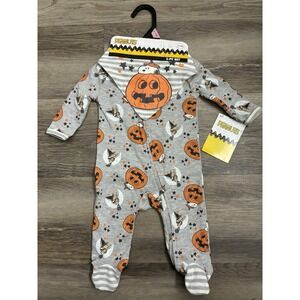 Halloween Snoopy Footed Sleeper Set Bib 0-3M Baby Unisex Peanuts Woodstock Grey